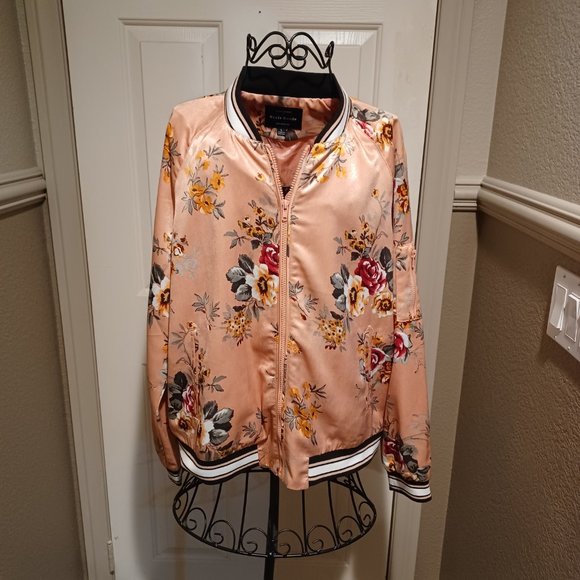 Haute Monde Jackets & Blazers - Floral Satin Bomber Jacket - Peach